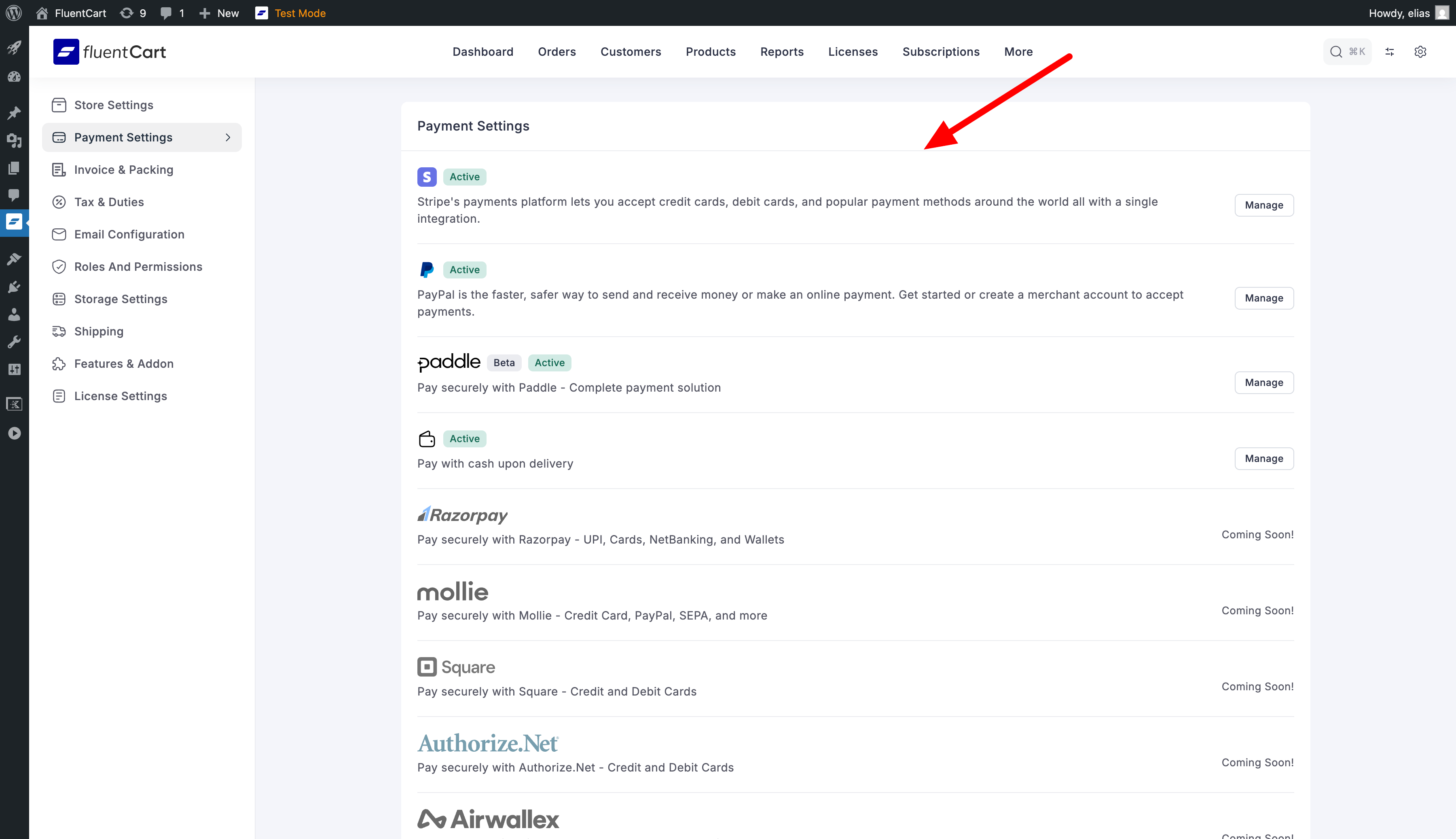 Payment methods list in FluentCart admin dashboard