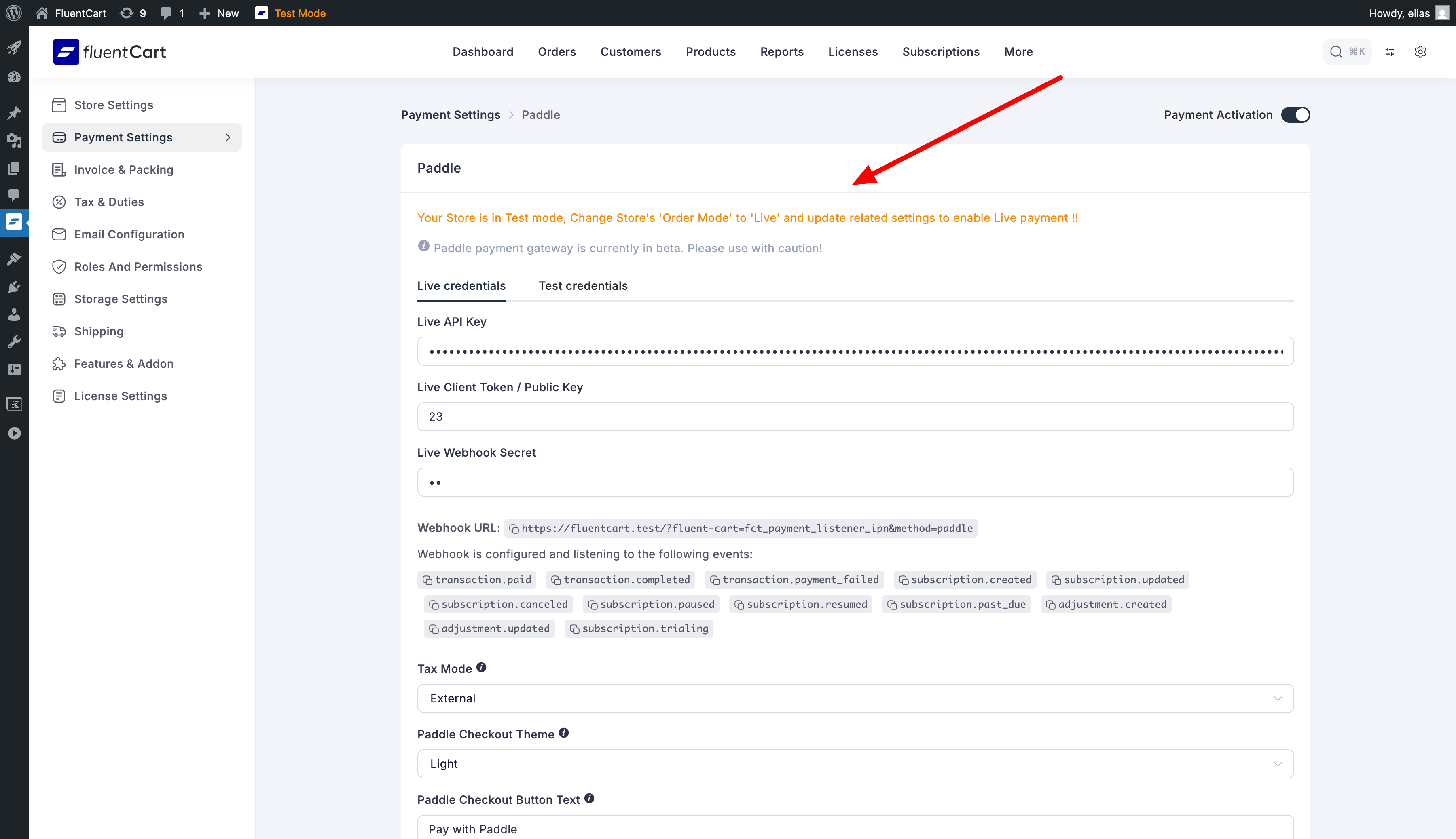 Payment method settings configuration page